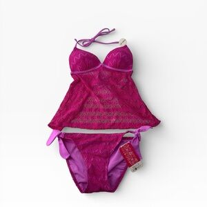 Hula Honey NWT Women’s Pink Lilac  Crochet Tankini Set 2-Piece Beach Swimwear